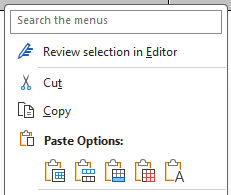 Pasting table content into table option icons